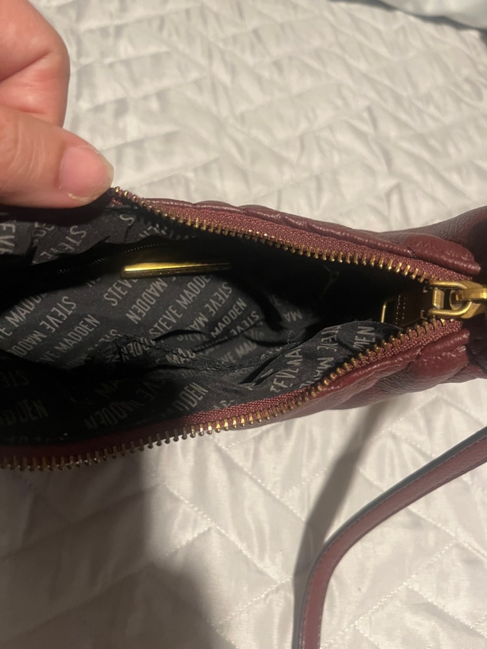 Steve Madden Burgundy Quilted Shoulder Bag | SM Logo Mini Hobo Purse - Picture 3 of 4